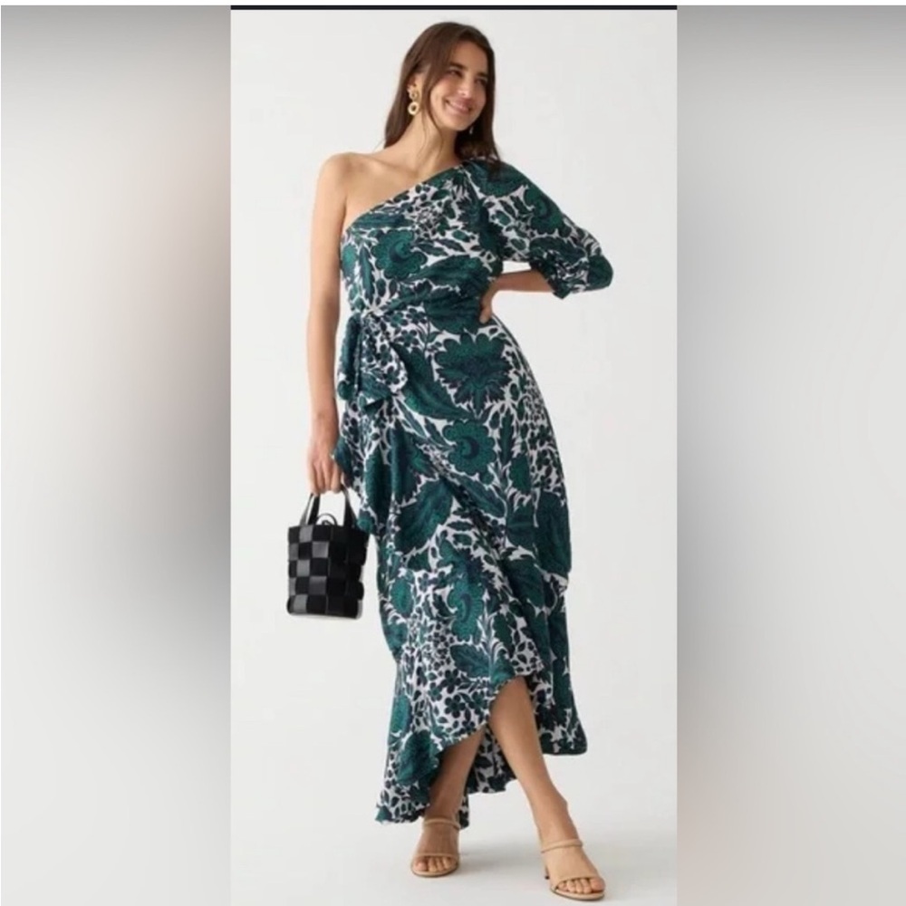 J Crew Collection one shoulder ruffle dress in Emerald floral size 12